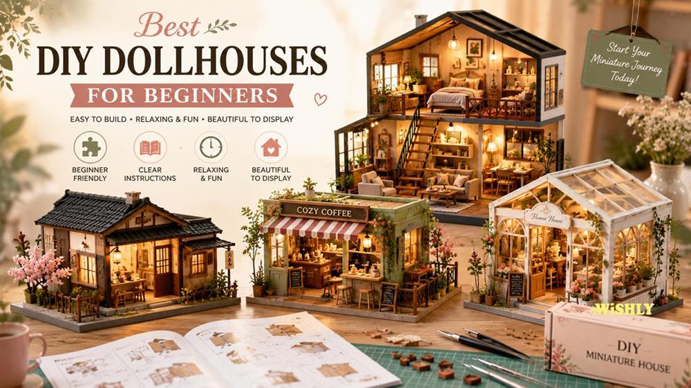 Best DIY Dollhouses for Beginners featuring a collection of beginner-friendly DIY dollhouse kits, including Japanese-style homes, a cosy café, a flower shop, and a modern miniature house.