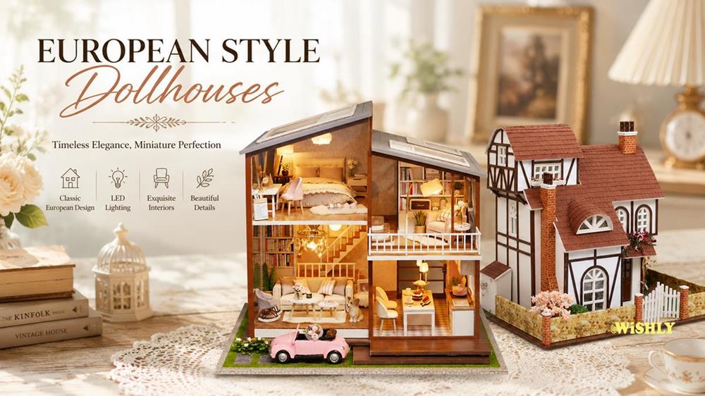 European style dollhouses featuring charming miniature cottages and elegant homes with detailed interiors, warm LED lighting, and DIY miniature house kits.