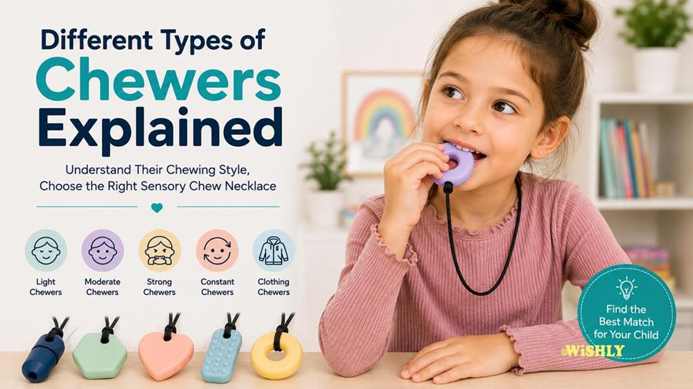 Young girl using a sensory chew necklace while illustrating different types of chewers, including light, moderate, strong, constant and clothing chewers.