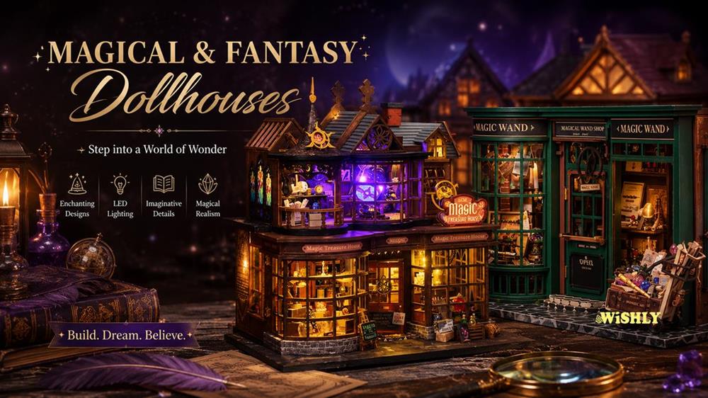 Magical and fantasy DIY dollhouses featuring enchanting miniature shops, glowing LED lighting, whimsical details, and handcrafted miniature house kits.