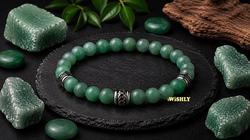 Green Aventurine bracelet with polished green gemstone beads displayed alongside natural Green Aventurine stones on a dark textured slate surface.