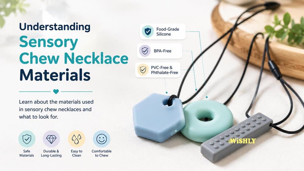 Food-grade silicone sensory chew necklaces with labels highlighting BPA-free, PVC-free and phthalate-free materials used in quality chew necklaces.