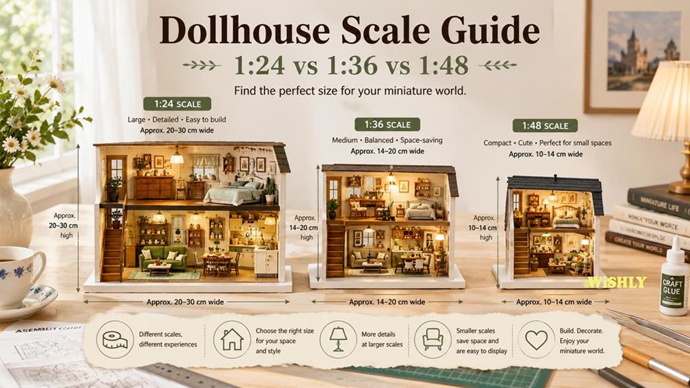 Dollhouse Scale Guide comparing 1:24, 1:36 and 1:48 DIY miniature house kits, showing the differences in size, detail and display space.