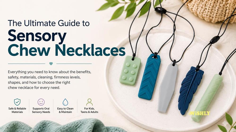 A collection of colourful food-grade silicone sensory chew necklaces displayed on a ceramic tray with natural accents, illustrating a guide to choosing safe and durable oral sensory tools.