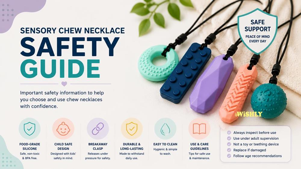 Sensory chew necklaces with key safety features including food-grade silicone, breakaway clasp and safe use guidelines.