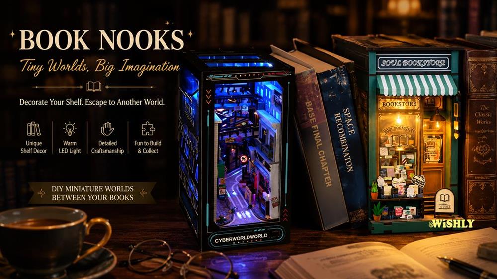 Book nooks featuring immersive miniature scenes, cosy bookstores, futuristic cityscapes, warm LED lighting, and handcrafted DIY miniature bookshelf inserts.