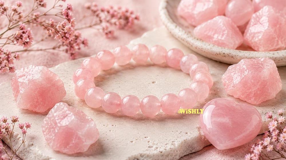 Rose quartz bracelet with polished pink gemstone beads displayed alongside natural rose quartz crystals and decorative pink flowers.