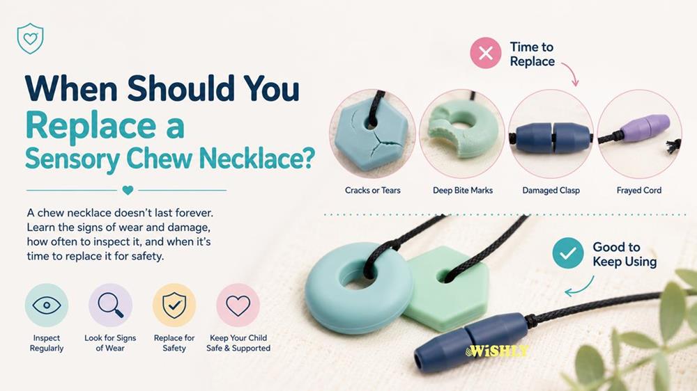 Comparison of worn and undamaged sensory chew necklaces showing common signs that indicate when a chew necklace should be replaced.