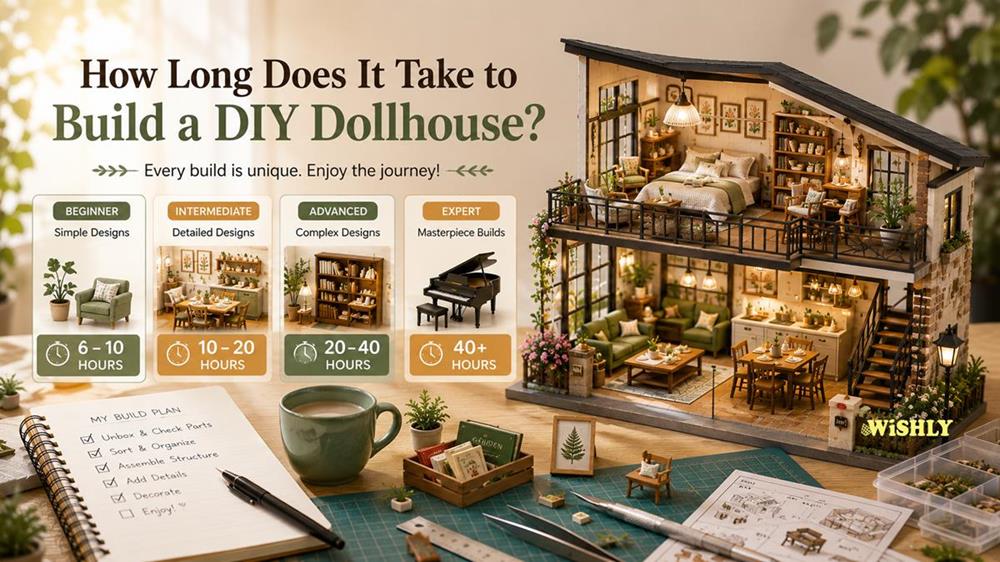 How Long Does It Take to Build a DIY Dollhouse guide showing a detailed miniature house, estimated build times for different skill levels, and tools used for DIY dollhouse kits.