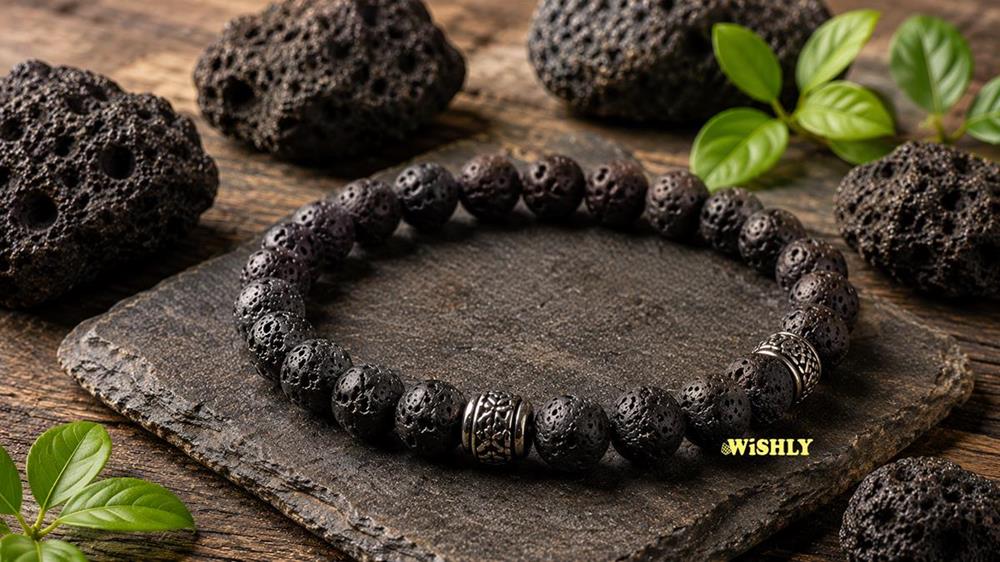 Lava stone bracelet with porous black volcanic stone beads displayed alongside natural lava rocks on a rustic stone and wooden surface.
