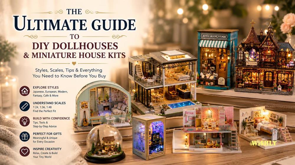 Collection of DIY dollhouses and miniature house kits including modern homes, book nooks, fantasy scenes, Japanese-inspired designs, and shop miniatures.