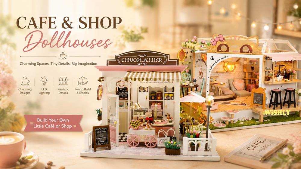 Cafe and shop dollhouses featuring charming miniature cafes, boutique shops, realistic interiors, warm LED lighting, and handcrafted DIY miniature house kits.