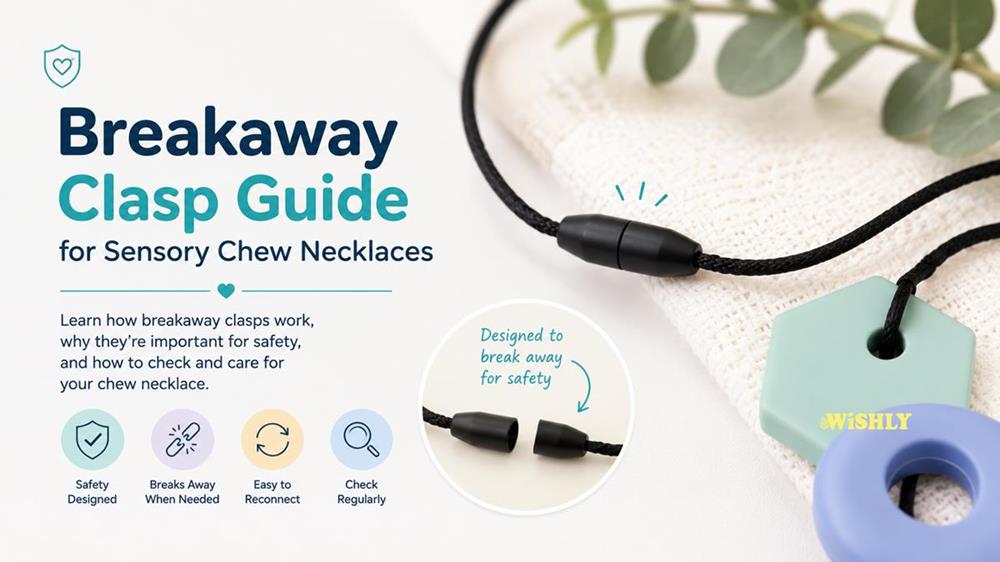 Close-up of a sensory chew necklace breakaway clasp, illustrating how the safety clasp connects, releases and reconnects during everyday use.