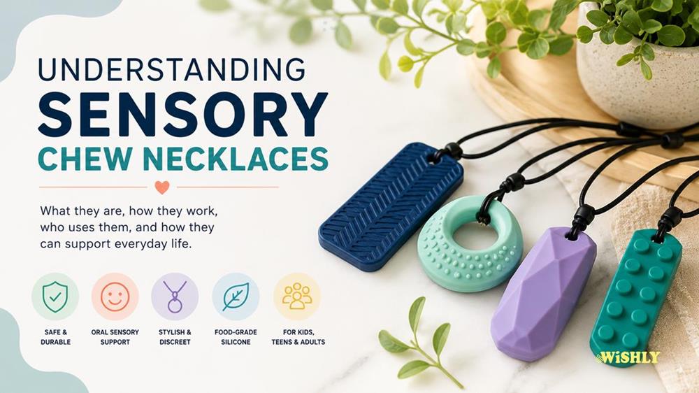 Collection of colourful sensory chew necklaces made from food-grade silicone, illustrating different shapes and textures used as oral sensory tools.