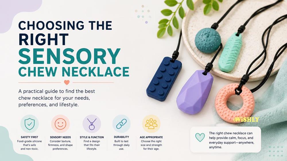 Selection of food-grade silicone sensory chew necklaces in different shapes, textures and sizes to help choose the right chew necklace.