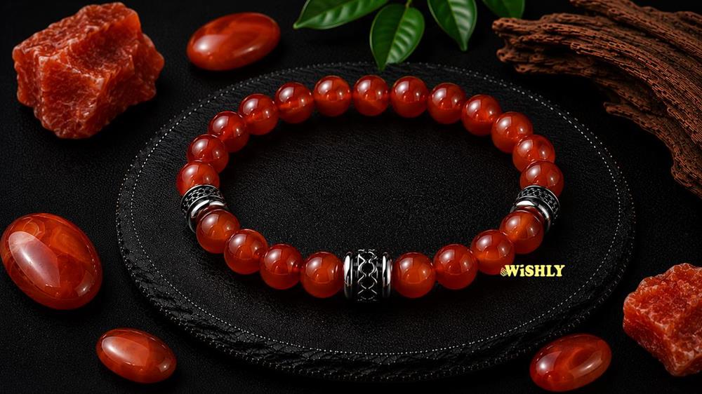 Carnelian bracelet with polished orange-red gemstone beads displayed alongside natural Carnelian stones on a dark textured slate surface.