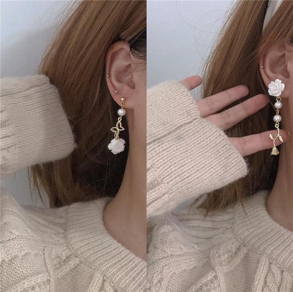 Rose Flower Pearl Dangle Earrings