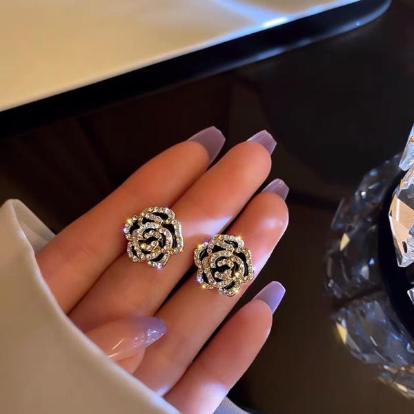 Black Camellia Crystal Studs