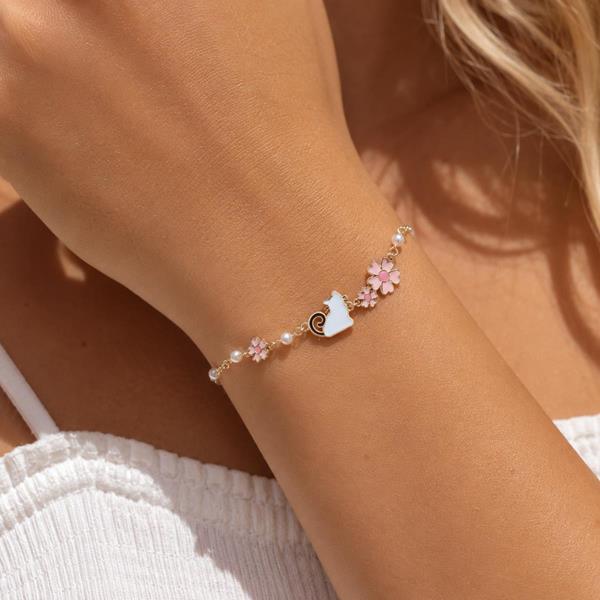 Enamel Cartoon Cat Pearl Blossom Flower Bracelet