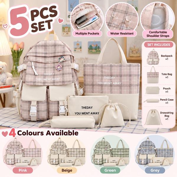 5 Pcs Plaid Pattern School Library Backpack Set