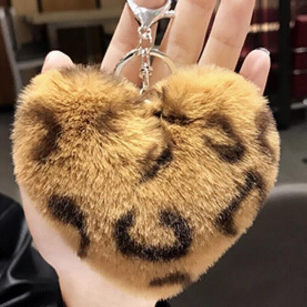 Leopard Print Fluffy Fur Heart Keychains