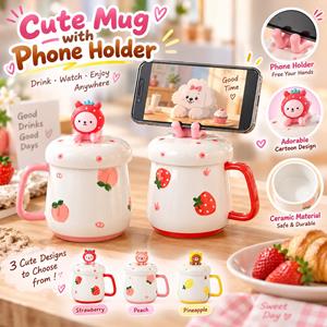 3D Cartoon Animal Phone Holder Lid Ceramic Mug