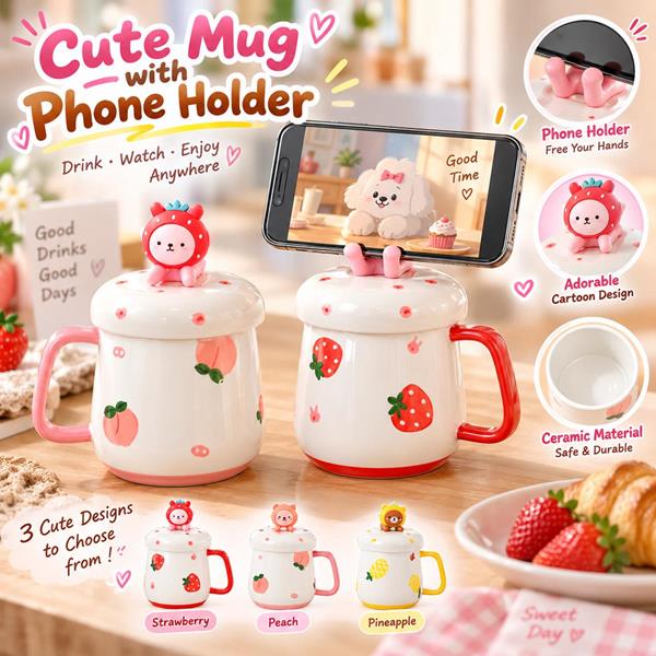 3D Cartoon Animal Phone Holder Lid Ceramic Mug