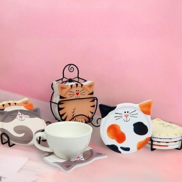 4 Cartoon Cat Heat Resistance Absorbent Ceramic Coasters