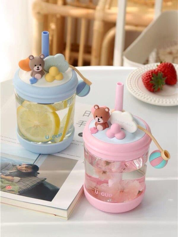 470 ML Cartoon Bear Leak Proof Twist Straw Water Bottle