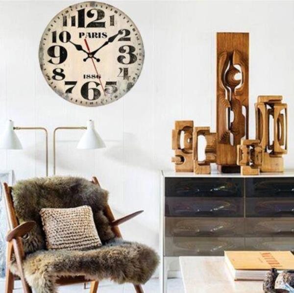 12 Inch Retro Vintage Round Wooden Lounge Wall Silent Clock