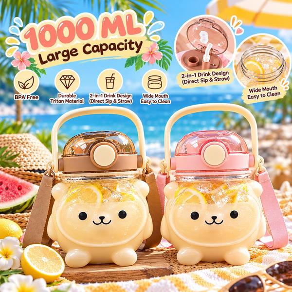 1000 ML Large Cartoon Bear Sippy Straw Water Bottle