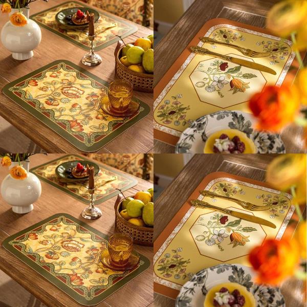 4 Pcs Retro Flower Leather Rectangle Table Dining Placemat