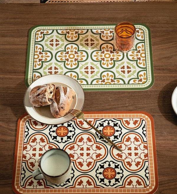 4 Pcs Retro Flower Leather Rectangle Table Dining Placemat