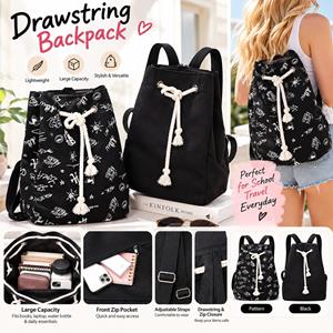 Black Drawstring Travel Sport Canvas Backpack
