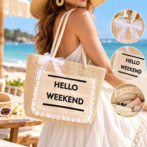 Lace Bow Beach Straw Woven Casual Tote