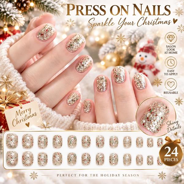 24 Christmas Glitter Reusable Fake Press Nails