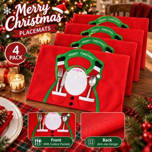4 Pcs Christmas Red Rectangle Table Dining Cutlery Placemat