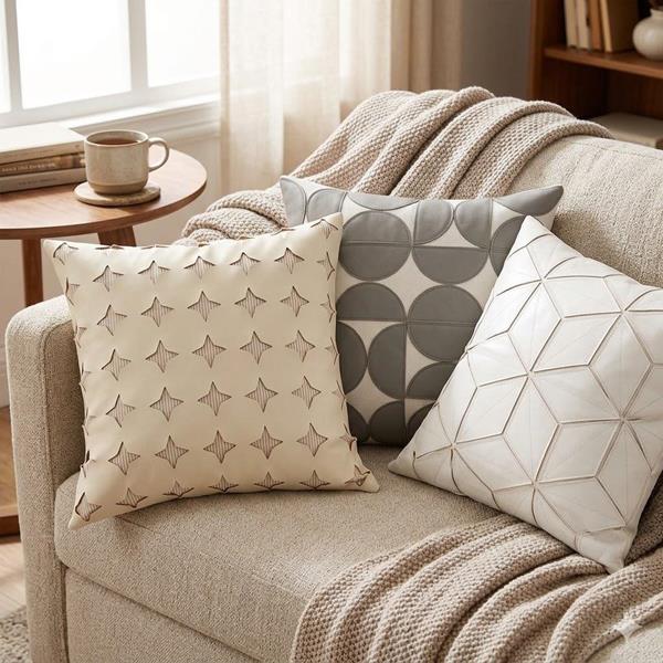 2 x Woven Knit Faux Leather Square Sofa Cushion Pillow Cover