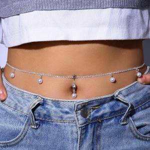 White Pearl Tassel Belly Button Waist Body Chain