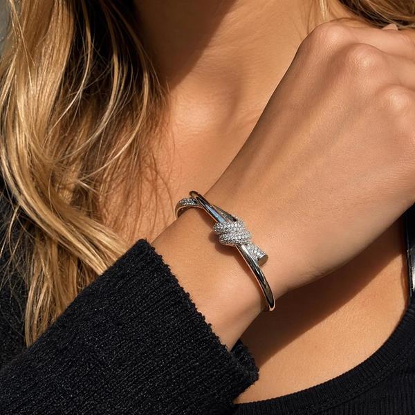 18K Platinum Plated Zircon Knot Open Cuff Bracelet
