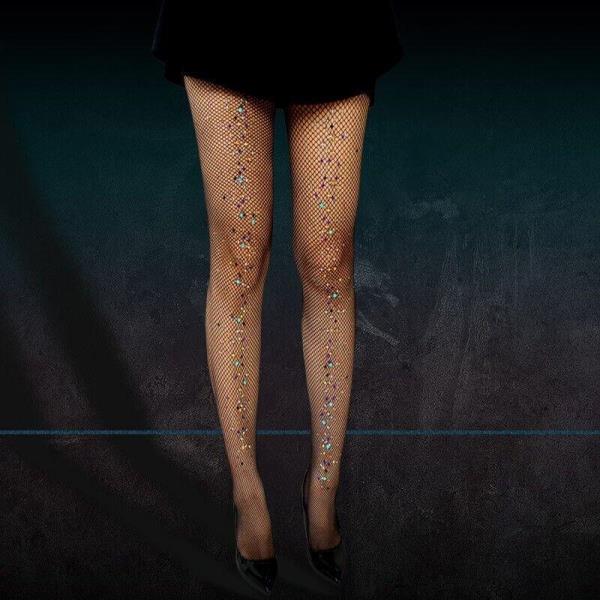Elastic Multi Crystal Black Fishnet Net Mesh Pantyhose