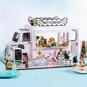 DIY Wooden Light Casa Flower Coffee Shop Music Miniature Dollhouse