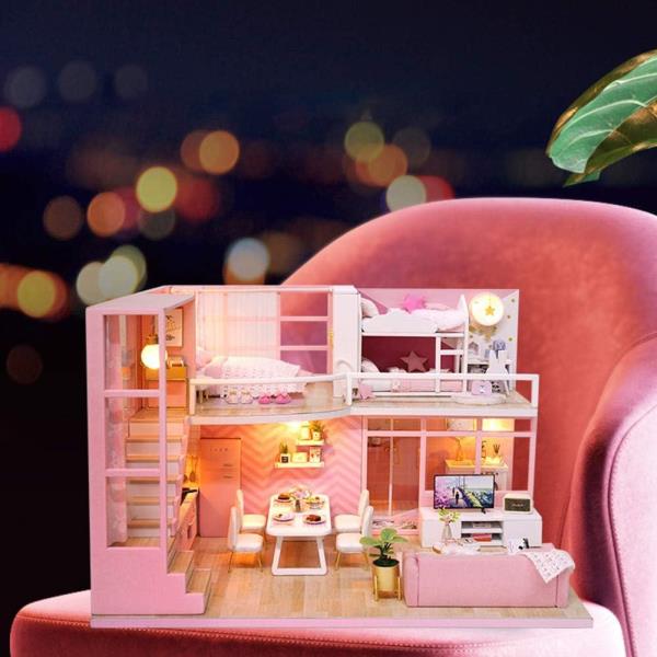 Cute Room Pink Double Layer DIY Music Miniature Dollhouse