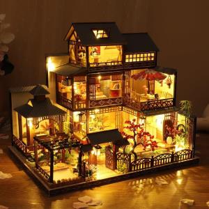 DIY Bamboo Spring Courtyard LED Music Miniature Dollhouse