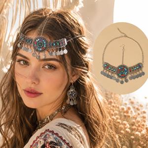 Bohemian Blue Turquoise Tassel Hair Chain Headband