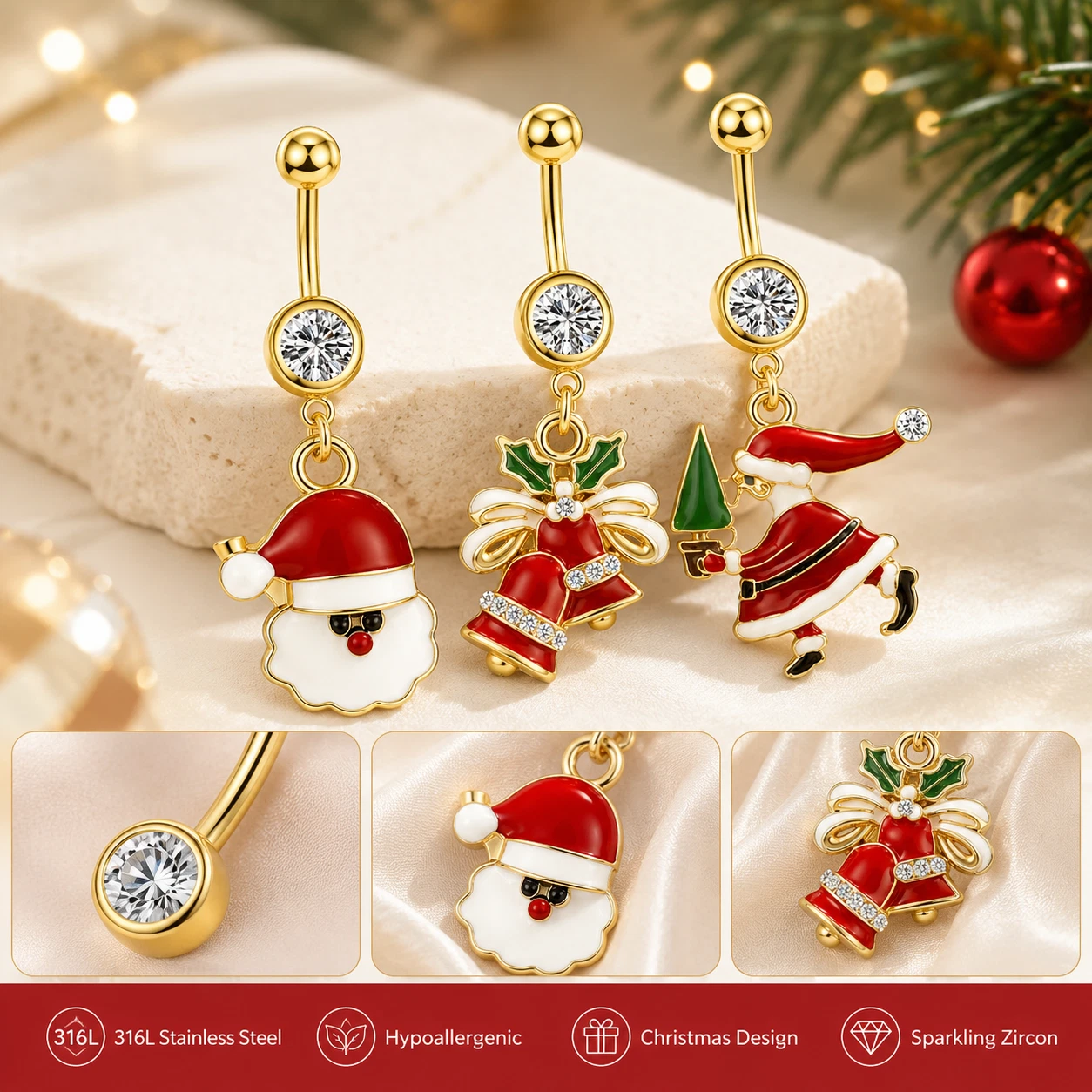 Christmas Red Santa Stainless Steel Piercing Belly Button