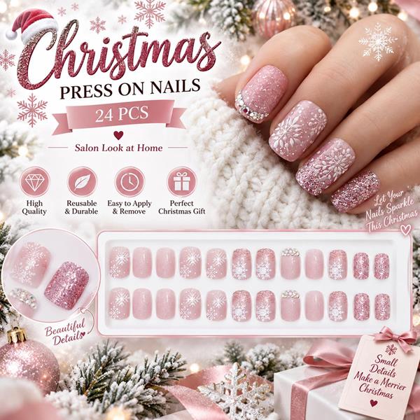 24 Christmas Snowflake Reusable Fake Press Nails