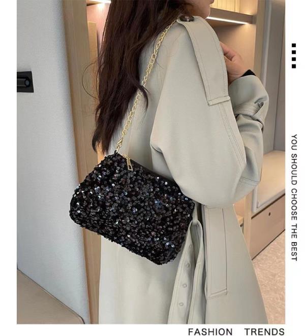 Simple Glitter Sequin Metallic Chain Evening Handbag