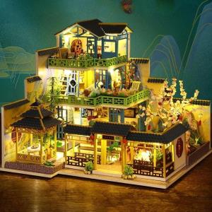 DIY Bamboo Spring Courtyard LED Music Miniature Dollhouse