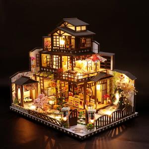 DIY Bamboo Spring Courtyard LED Music Miniature Dollhouse